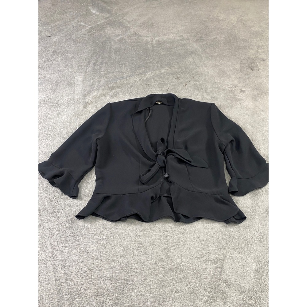 K Studio Womens Black Tie Front Ruffle Bolero Shrug Jacket 3/4 Sleeve Vintage